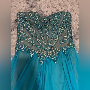 TERANI PROM Teal Strapless Gown with Embellished Bodice